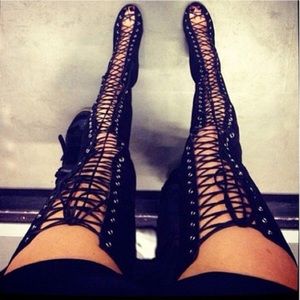 Sexy thigh high laced up peep toe heels